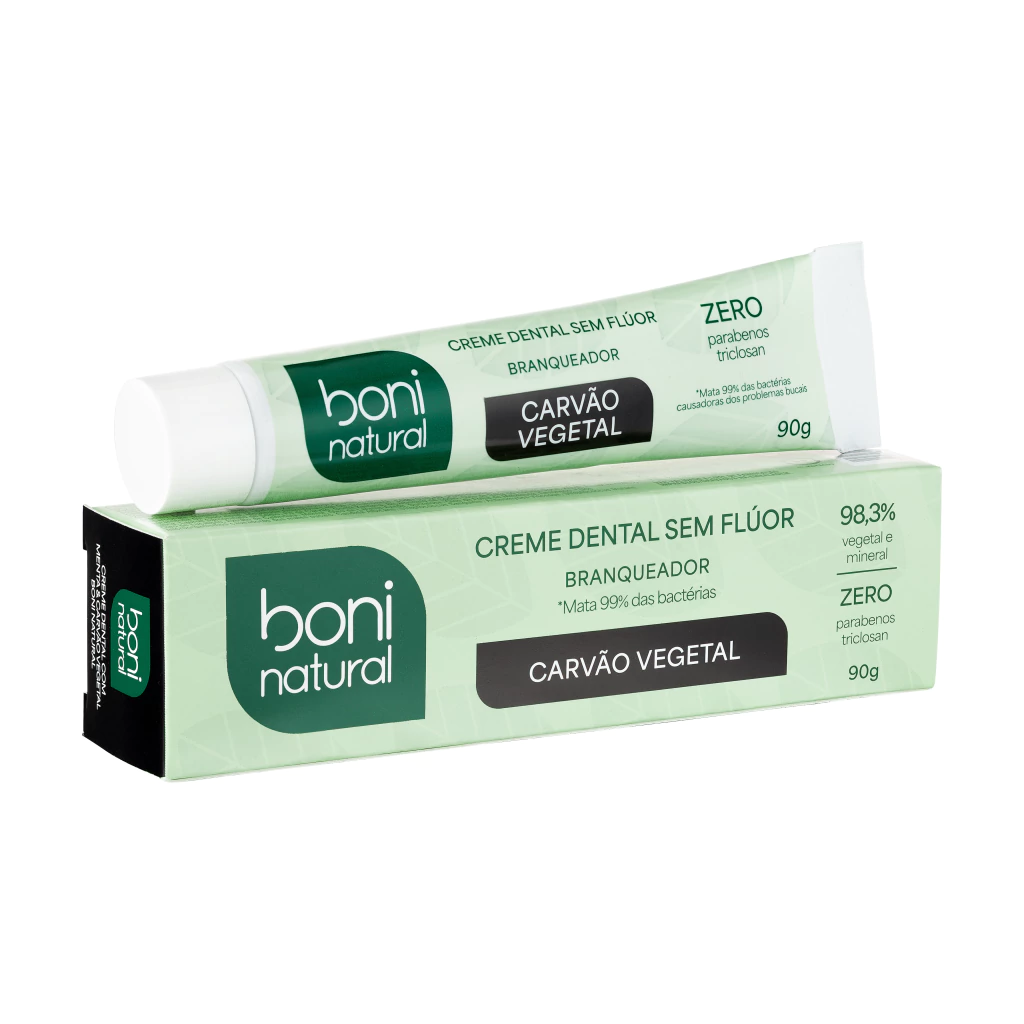Creme Dental Menta e Carvão Vegetal Vegano 90g - Boni Natural